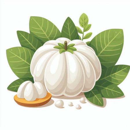 Illustration of a white pumpkin and green leaves on a white backgroundのイラスト素材