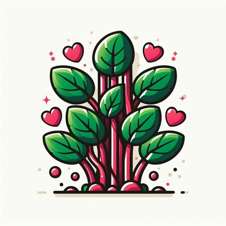 Illustration of a green plant with hearts on a white background.のイラスト素材