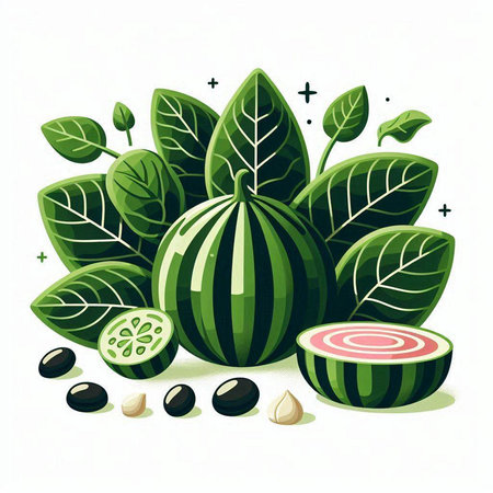 Watermelon with green leaves and black olives. Vector illustration.のイラスト素材