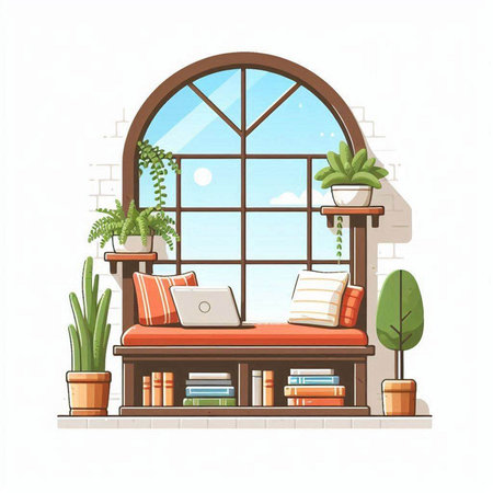 Living room interior with window, sofa, books and plants. Vector illustration.のイラスト素材
