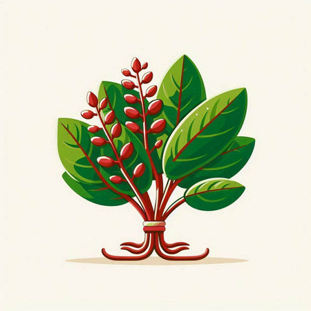 Coffee tree with red berries and green leaves. Vector illustration.のイラスト素材