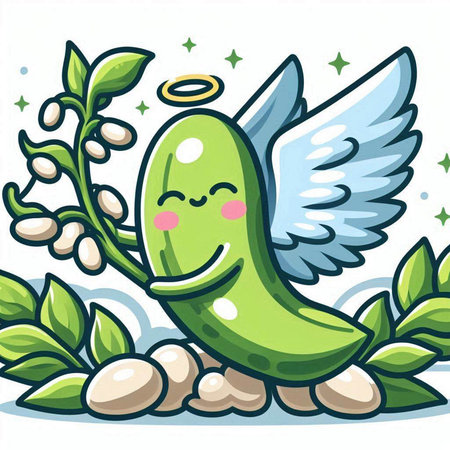 Cartoon Illustration of Cute Green Peas Character with Wingsのイラスト素材