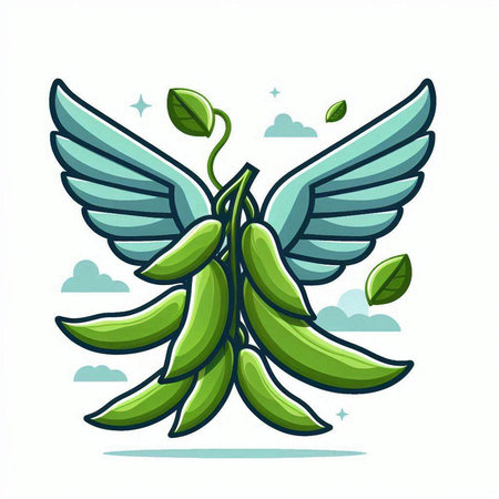 Illustration of green soybeans with wings on a white background.のイラスト素材