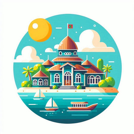 Tropical island with palm trees, boat and mosque. Vector illustrationのイラスト素材