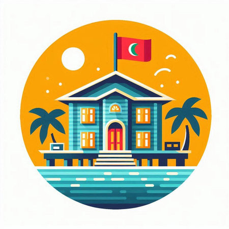 Vector illustration of a school building on the background of the sea and palm trees.のイラスト素材