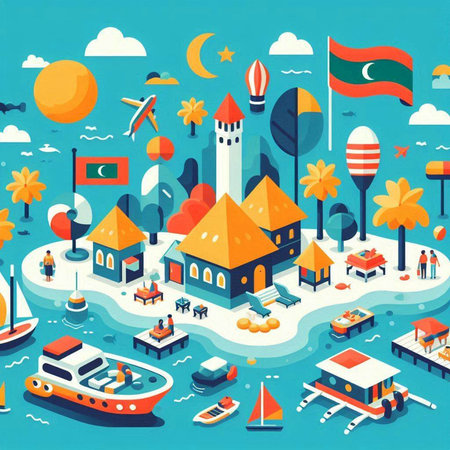 Maldives isometric city map background. Vector illustration in flat styleのイラスト素材