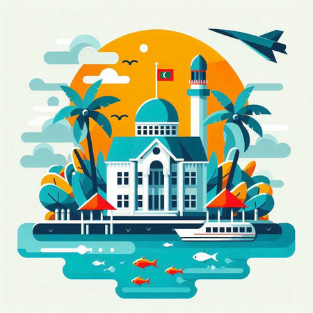 Flat design vector illustration concept of summer travel and vacation. Vacation in tropical island.のイラスト素材
