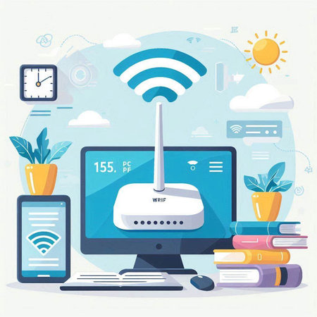 Vector illustration of internet technology concept. Wifi router, smartphone, laptop, computer, books, clock and sun.のイラスト素材