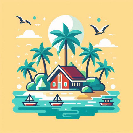 Flat style vector illustration of a tropical island with palm trees, houses and boats.のイラスト素材