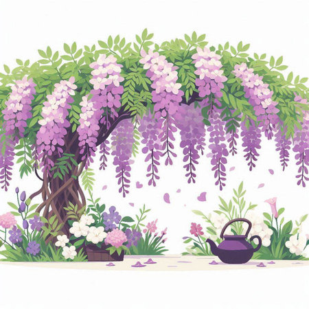 Wisteria flower garden with teapot and flowers. Vector illustration.のイラスト素材