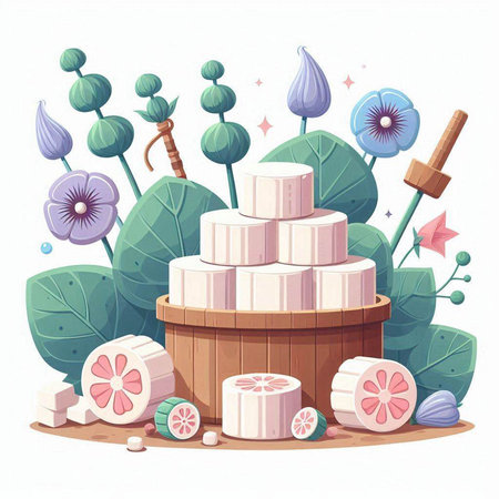 Illustration of a wooden bucket full of natural soap, surrounded by flowers and plantsのイラスト素材