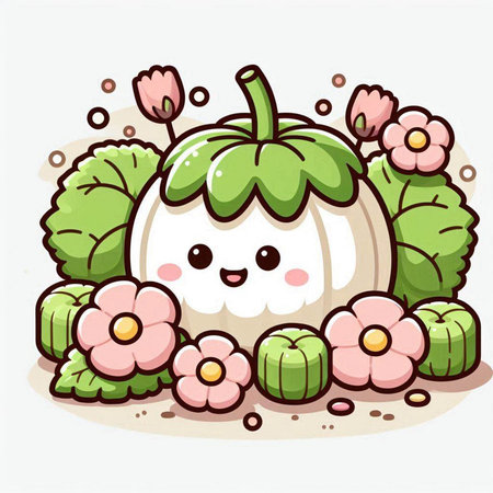 Cute kawaii pumpkin character with flowers. Vector illustration.のイラスト素材