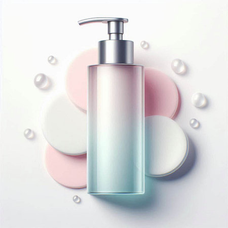Cosmetic bottle with pipette, lotion, cream, shower gel and bubbles. 3D illustration.のイラスト素材