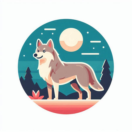 Cute cartoon wolf in the forest. Vector illustration in flat style.のイラスト素材