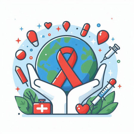 Vector illustration of World Aids Day. Red ribbon, syringe, first aid kit, pills, heart, heart.のイラスト素材
