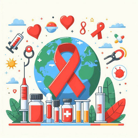 Vector illustration of World Aids Day concept. Red ribbon, blood test, syringe, planet earth.のイラスト素材
