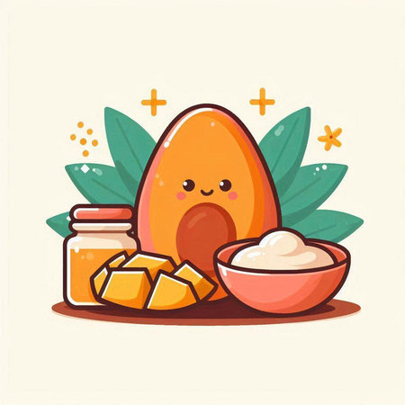 Cute kawaii mango fruit with sour cream. Vector illustrationのイラスト素材