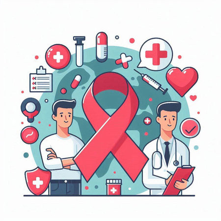 Vector illustration of World Aids Day concept with red ribbon and doctors.のイラスト素材