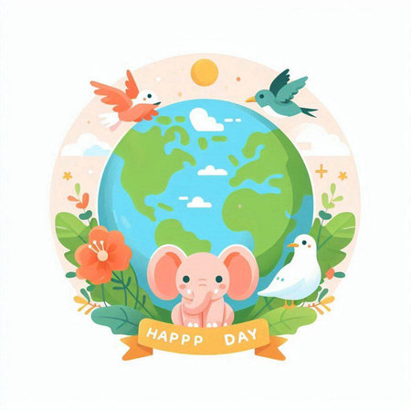 Happy Earth Day greeting card with cute animals and planet. Vector illustration.のイラスト素材