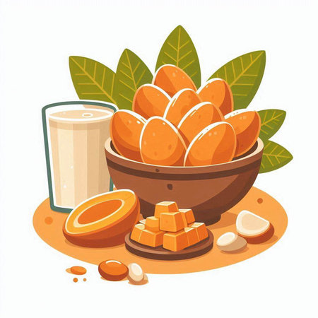 Mango juice in a bowl and fresh mango fruits. Vector illustration.のイラスト素材