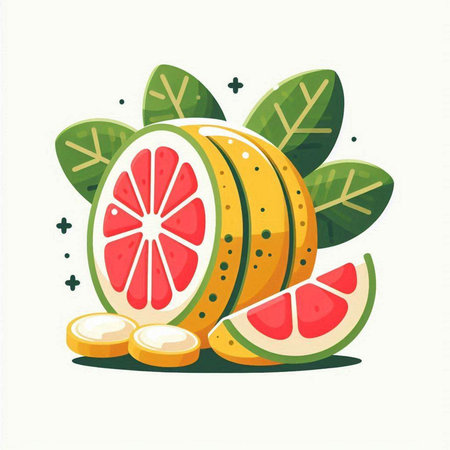 Grapefruit and orange slice with leaves. Vector flat illustration.のイラスト素材