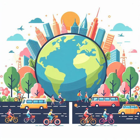 Vector illustration of modern city landscape with people, cars, trees, road and buildingsのイラスト素材