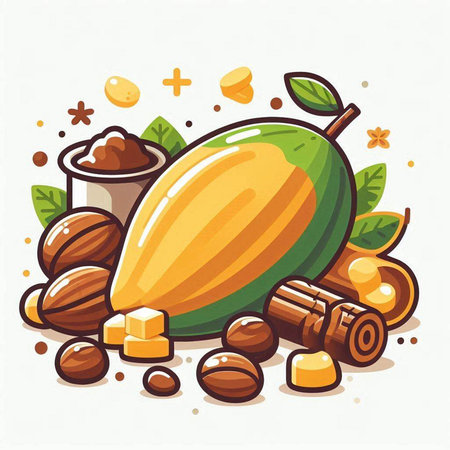 Papaya fruit and cocoa beans. Vector illustration in cartoon style.のイラスト素材