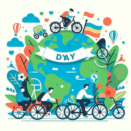 Flat design vector illustration concept for World Bicycle Day. People riding bicycles around the world.のイラスト素材
