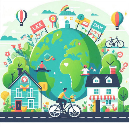 Vector illustration of people riding a bicycle around the world. Ecological concept.のイラスト素材