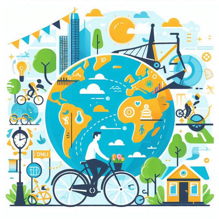 Vector illustration of a bicycle ride around the world on a white backgroundのイラスト素材