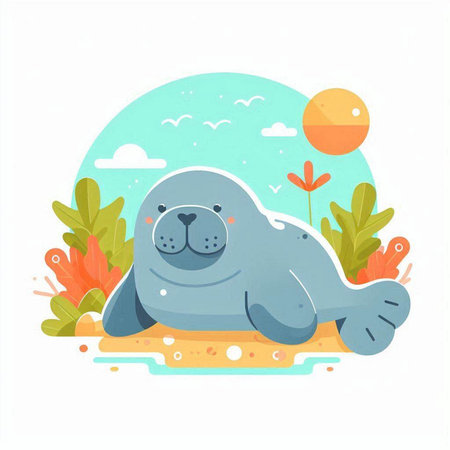 Cute seal on the beach. Vector illustration in cartoon style.のイラスト素材
