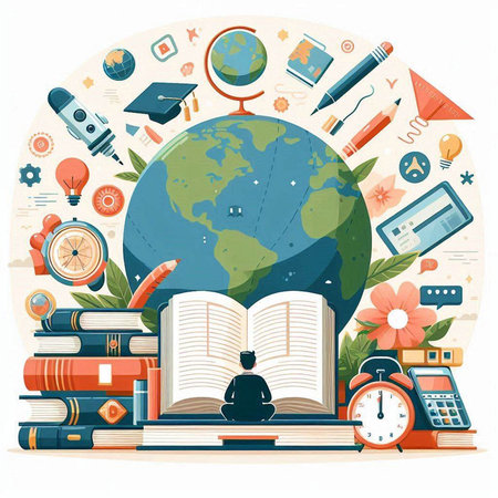 Back to school concept with globe, books and supplies. Vector illustrationのイラスト素材