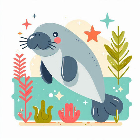 Cute seal on the background of the sea. Vector illustration.のイラスト素材