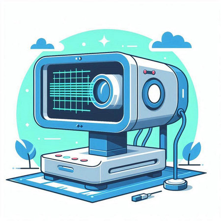 Vector illustration of 3d web camera on blue background. Flat cartoon style.のイラスト素材