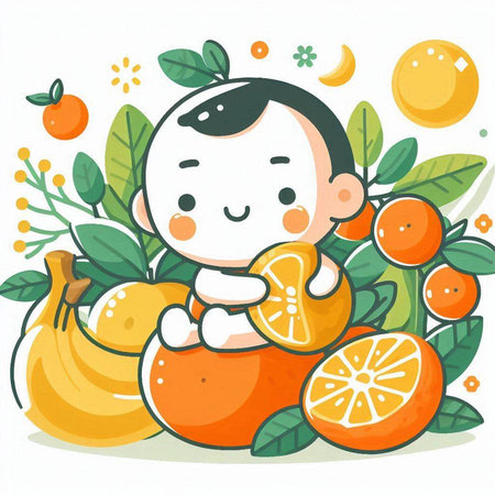 Cute little boy with a lot of fruits. Vector illustration.のイラスト素材