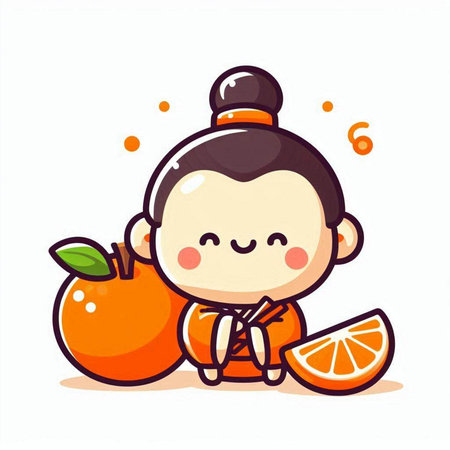 Cute cartoon girl with mandarins and oranges. Vector illustration.のイラスト素材
