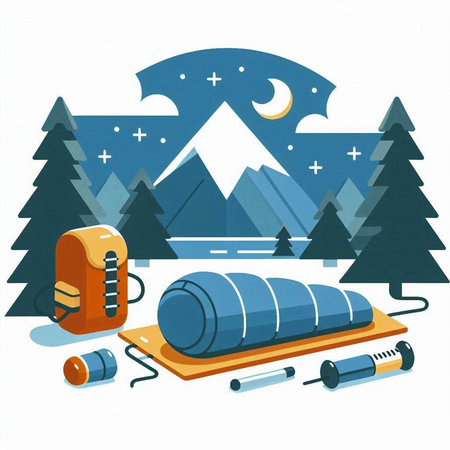 Illustration of a sleeping bag and a camping equipment in the mountainsのイラスト素材