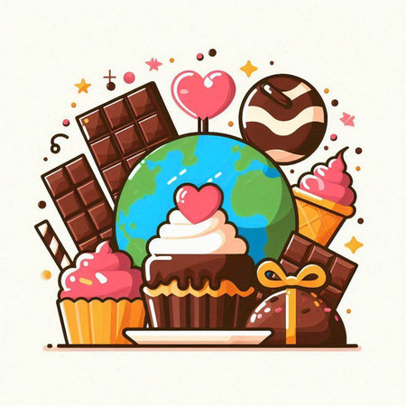 Cupcake with heart and chocolate on the background of the globeのイラスト素材