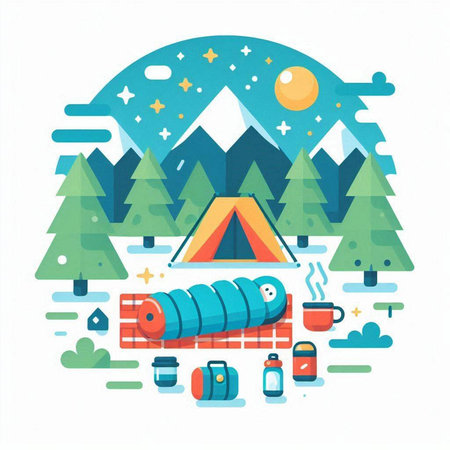 Camping and travel concept. Vector illustration in flat design style.のイラスト素材