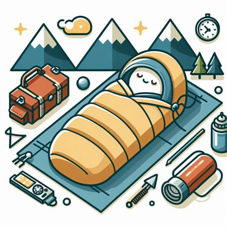 Vector illustration of a sleeping bag in the mountains. Cartoon style.のイラスト素材