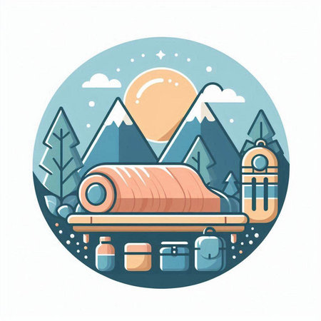 Vector illustration of a sleeping bag in a flat style on the background of the mountains.のイラスト素材