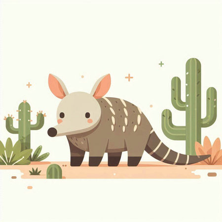Cute cartoon little armadillo with cactus. Vector illustrationのイラスト素材