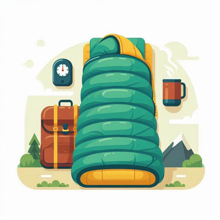 Vector illustration of a sleeping bag and camping equipment. Flat style.のイラスト素材