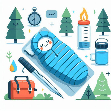 Sleeping bag, thermometer, flask and backpack. Vector flat illustrationのイラスト素材