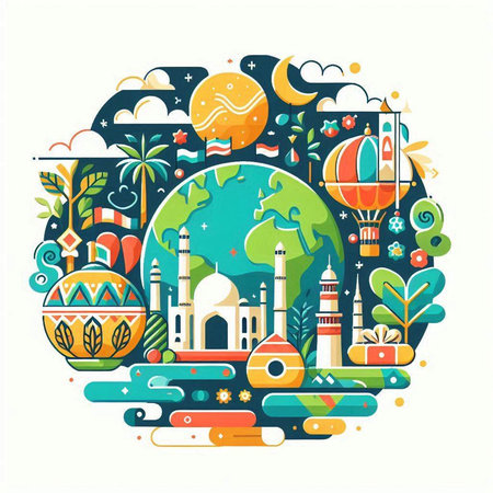 Flat design vector illustration concept of India travel and tourism. Round shape composition with famous landmarks.のイラスト素材