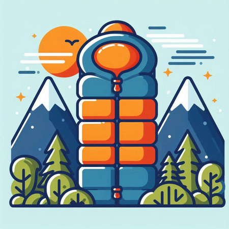 Vector illustration of a mountain landscape with a backpack. Flat style.のイラスト素材