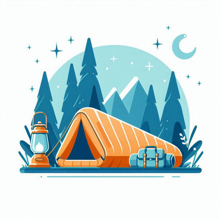 Camping tent in the forest at night. Vector illustration in flat styleのイラスト素材
