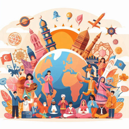 Travel around the world. Vector illustration in flat cartoon style. Traveling around the world.のイラスト素材