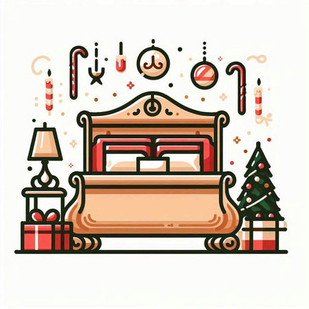Vector illustration of bed with christmas decorations. Line art style.のイラスト素材