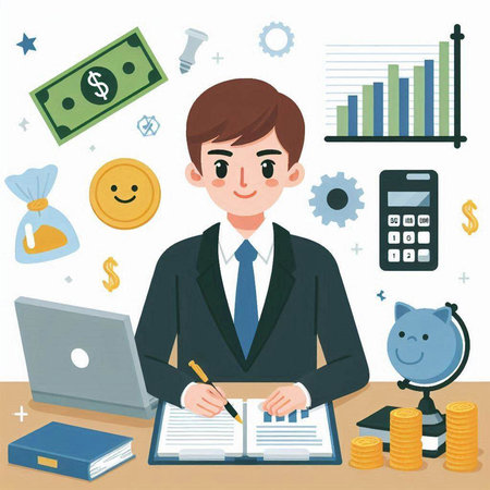 Businessman working at the office. Vector illustration in cartoon style.のイラスト素材